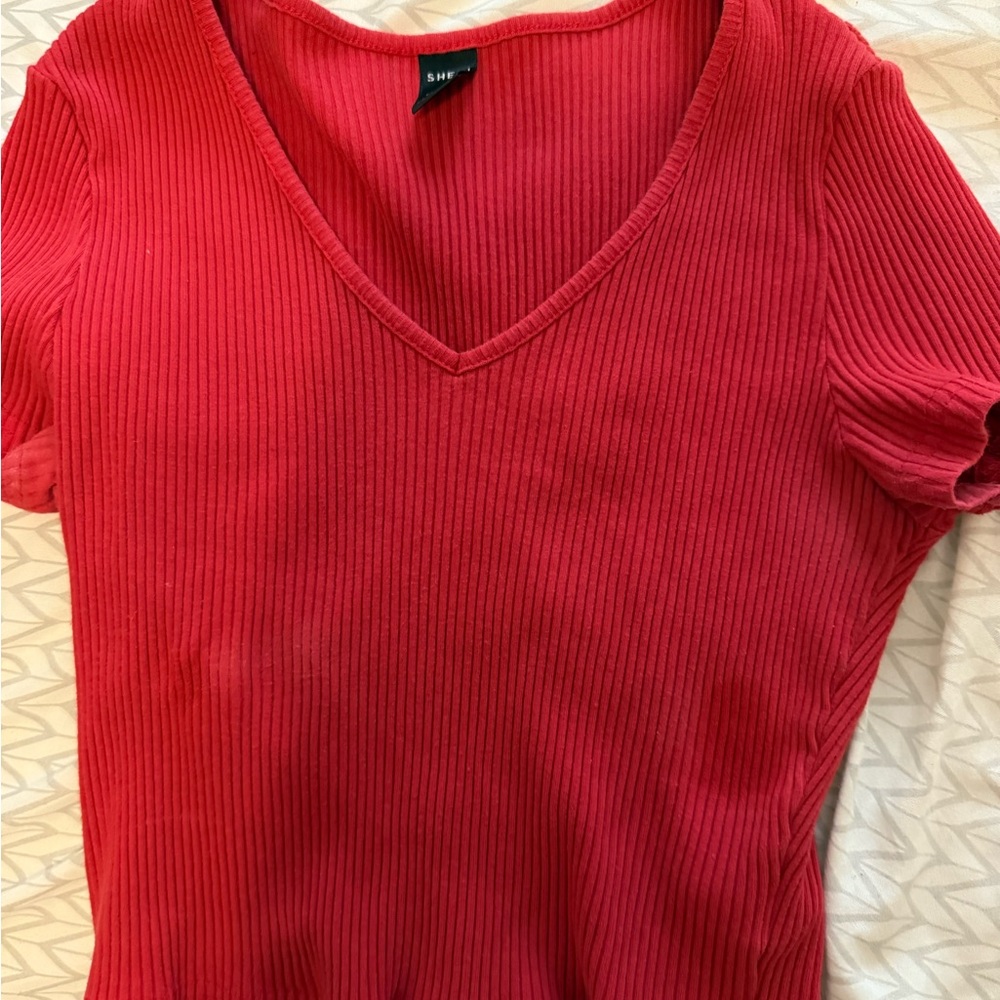 SHEIN Red Ribbed V-Neck Top